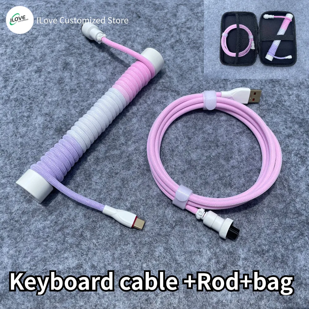 Coiled Keyboard Cable USB C for Mechanical Gaming Keyboard Double-Sleeved Wire with Detachable Metal Aviator Connector Charging