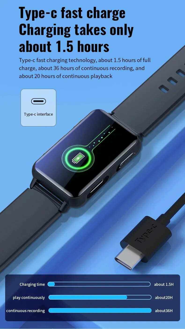 Digital Voice Recorder Watch Bluetooth Professional HD Noise Reduction E-book Music Play Recording Device Portable Mp3 Player