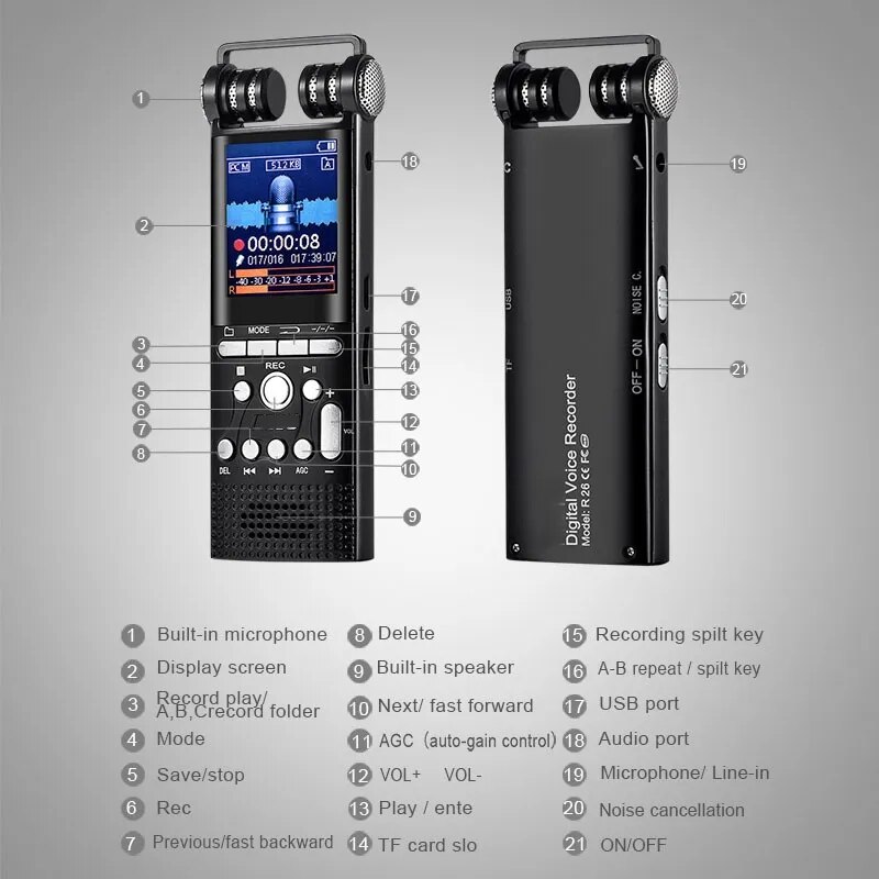 1536Kbps 128GB 100hrs 800mah Professional Voice Activated Digital Audio Voice Recorder Pen Dictaphone Mp3 Player Recording PCM