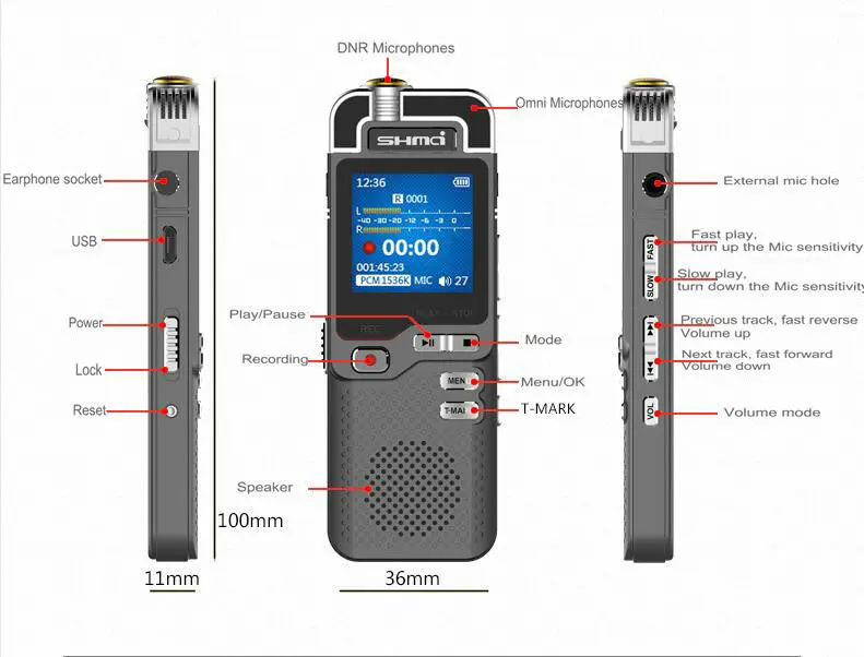 Shmci D60 Professional 1536Kbps Digital Voice-Activated Audio Recorder Mini Dictaphone Denoise Variable Speed Play MP3 Player
