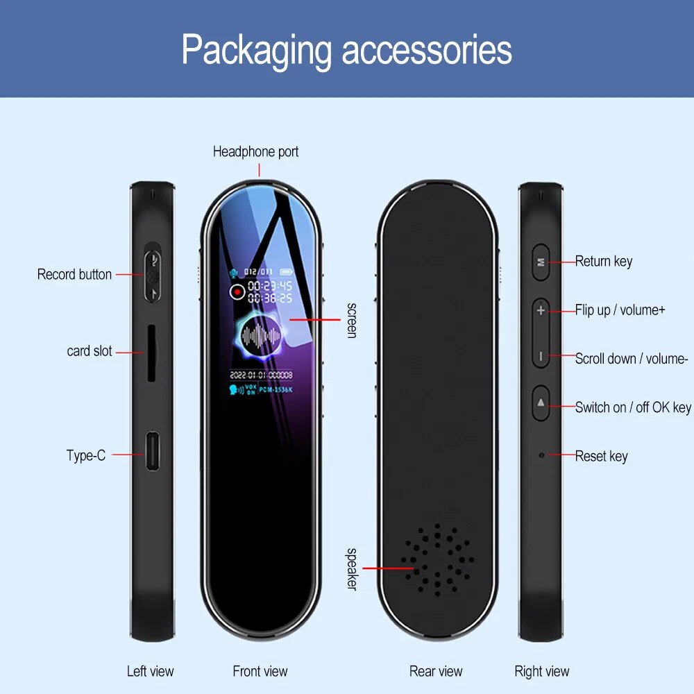 Mini HD Voice Recorder Pen Digital Audio Voice Control Sintelligent Mp3 Player One-Click Recording Support OTG VoiceTo Text