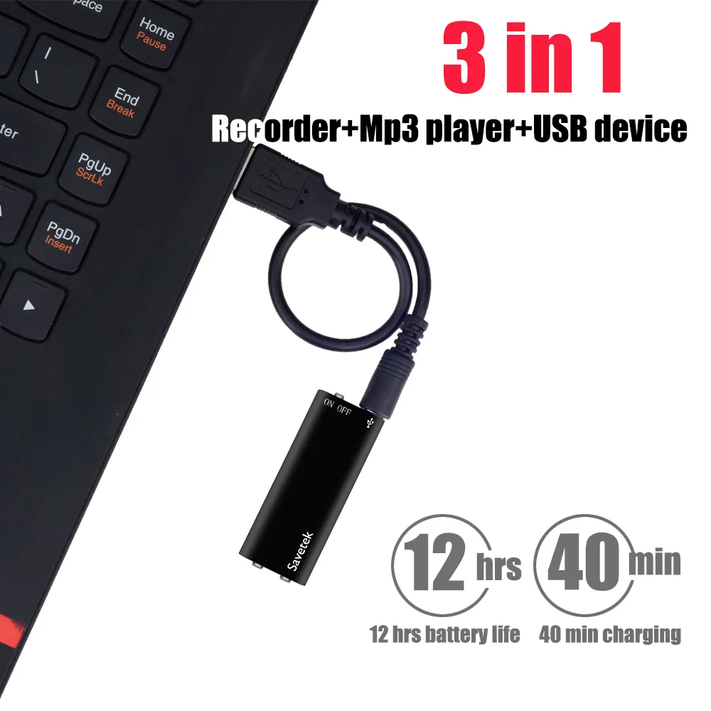 Savetek Smallest Mini USB Pen Voice Activated 8GB 16GB Digital Audio Voice Recorder Mp3 Player 192Kbps Recording WAV