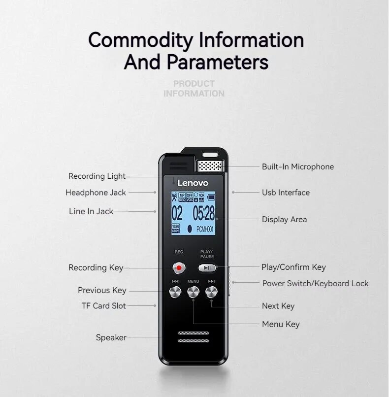 Lenovo T505 Multifunction Audio Voice Recorder Professional Lossless Sound Dictaphone MP3 Player Recording Pen Noise Reductio