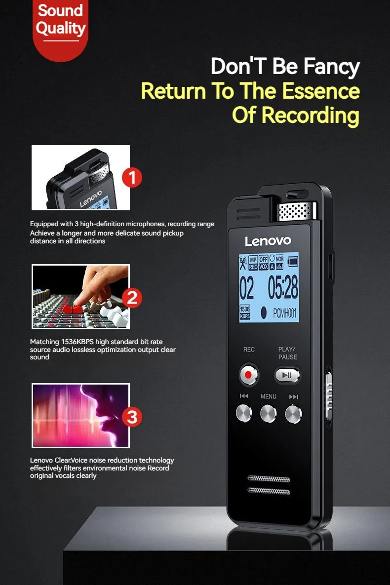 Lenovo T505 Multifunction Audio Voice Recorder Professional Lossless Sound Dictaphone MP3 Player Recording Pen Noise Reductio
