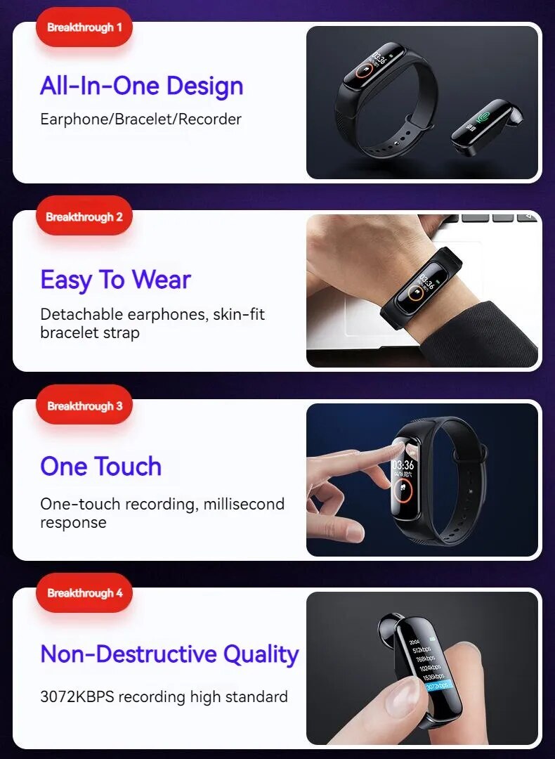 Lenovo C1 Digital Voice Recorder Watch Wireless Sport Bracelet HD Noise Cancelling Audio Recorder Voice Recording Pen Mp3 Player