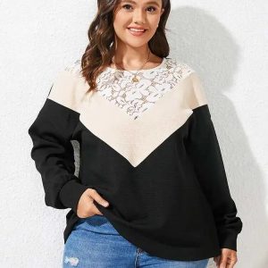 YOINS 2023 Women Sweater Plus Size Jumpers Fashion Lace Patchwork Long Sleeve Autumn Tunic Blusas Color Block Female Tops 4XL