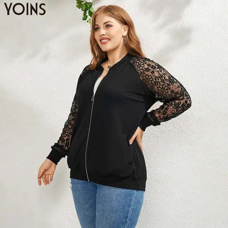YOINS 2023 Women Thin Jackets Autumn Long Sleeve Lace Patchwork Zipper Casual Tops Plus Size Outwear Female Fashion Coat YOINS 2023 Women Thin Jackets Autumn Long Sleeve Lace Patchwork Zipper Casual Tops Plus Size Outwear Female Fashion Coat