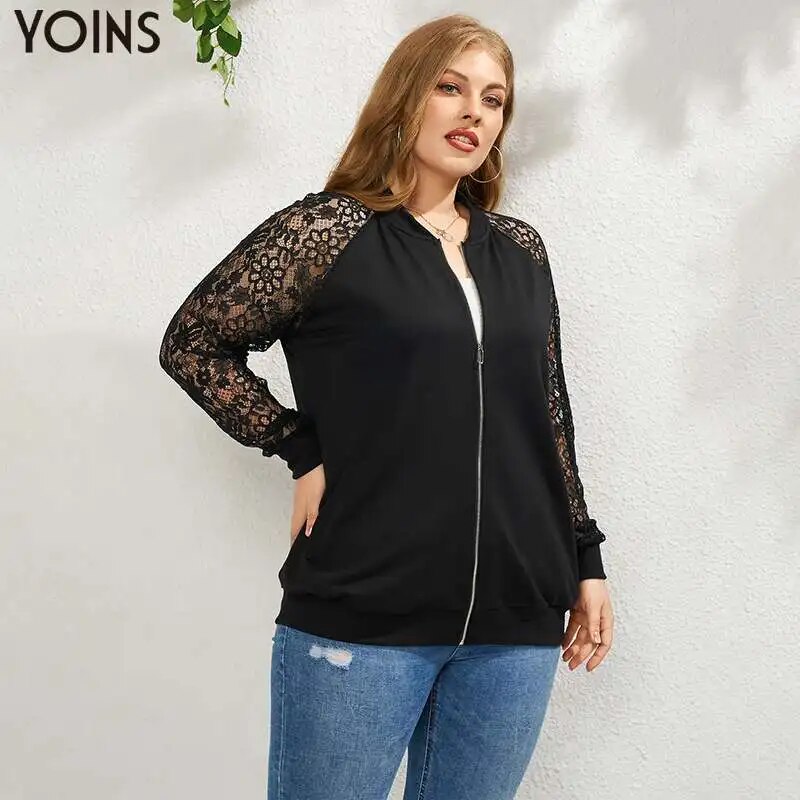 YOINS 2023 Women Thin Jackets Autumn Long Sleeve Lace Patchwork Zipper Casual Tops Plus Size Outwear Female Fashion Coat YOINS 2023 Women Thin Jackets Autumn Long Sleeve Lace Patchwork Zipper Casual Tops Plus Size Outwear Female Fashion Coat