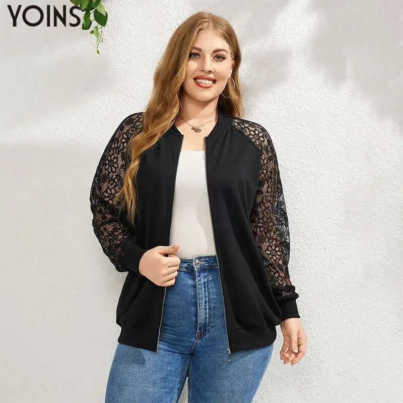 YOINS 2023 Women Thin Jackets Autumn Long Sleeve Lace Patchwork Zipper Casual Tops Plus Size Outwear Female Fashion Coat YOINS 2023 Women Thin Jackets Autumn Long Sleeve Lace Patchwork Zipper Casual Tops Plus Size Outwear Female Fashion Coat
