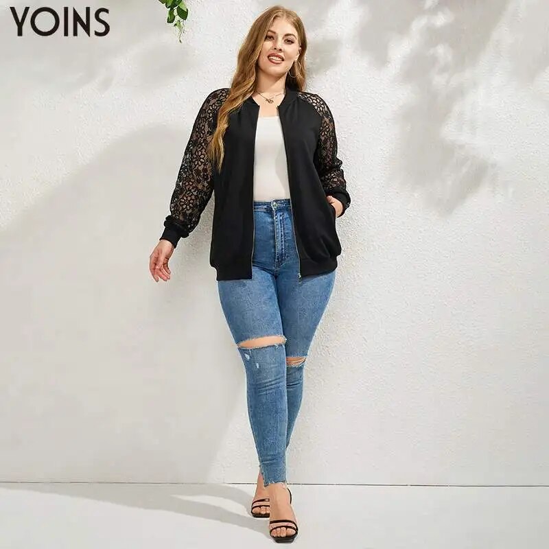 YOINS 2023 Women Thin Jackets Autumn Long Sleeve Lace Patchwork Zipper Casual Tops Plus Size Outwear Female Fashion Coat YOINS 2023 Women Thin Jackets Autumn Long Sleeve Lace Patchwork Zipper Casual Tops Plus Size Outwear Female Fashion Coat