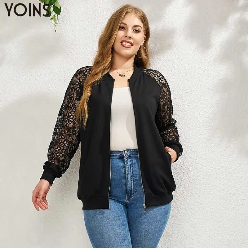 YOINS 2023 Women Thin Jackets Autumn Long Sleeve Lace Patchwork Zipper Casual Tops Plus Size Outwear Female Fashion Coat YOINS 2023 Women Thin Jackets Autumn Long Sleeve Lace Patchwork Zipper Casual Tops Plus Size Outwear Female Fashion Coat