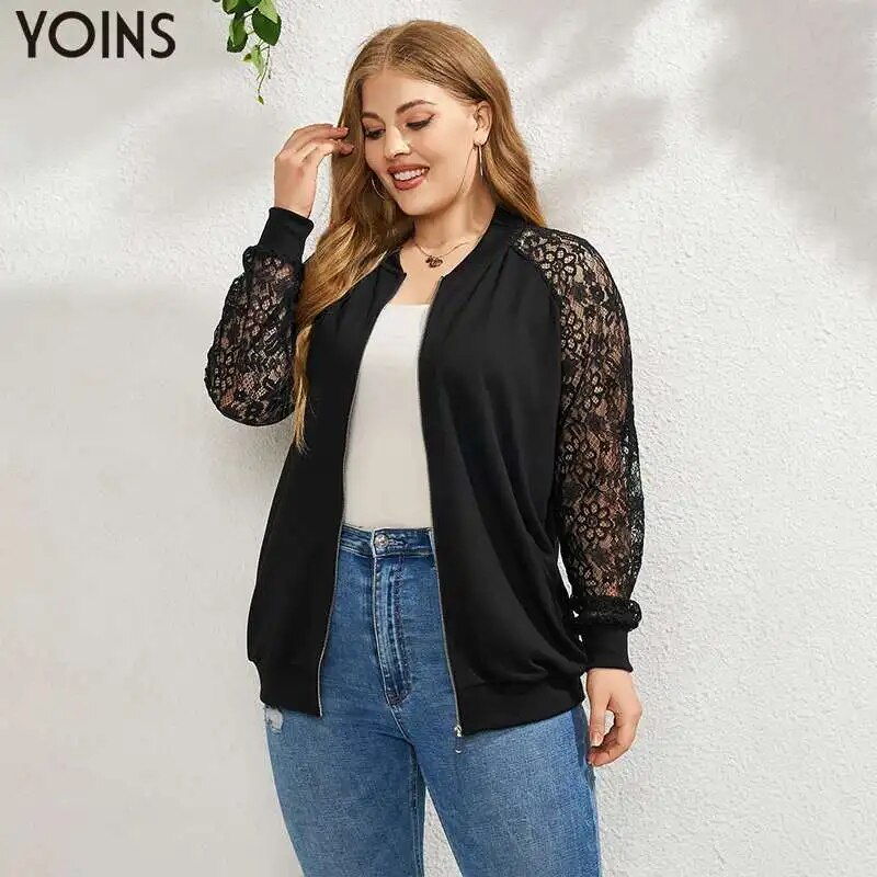 YOINS 2023 Women Thin Jackets Autumn Long Sleeve Lace Patchwork Zipper Casual Tops Plus Size Outwear Female Fashion Coat YOINS 2023 Women Thin Jackets Autumn Long Sleeve Lace Patchwork Zipper Casual Tops Plus Size Outwear Female Fashion Coat