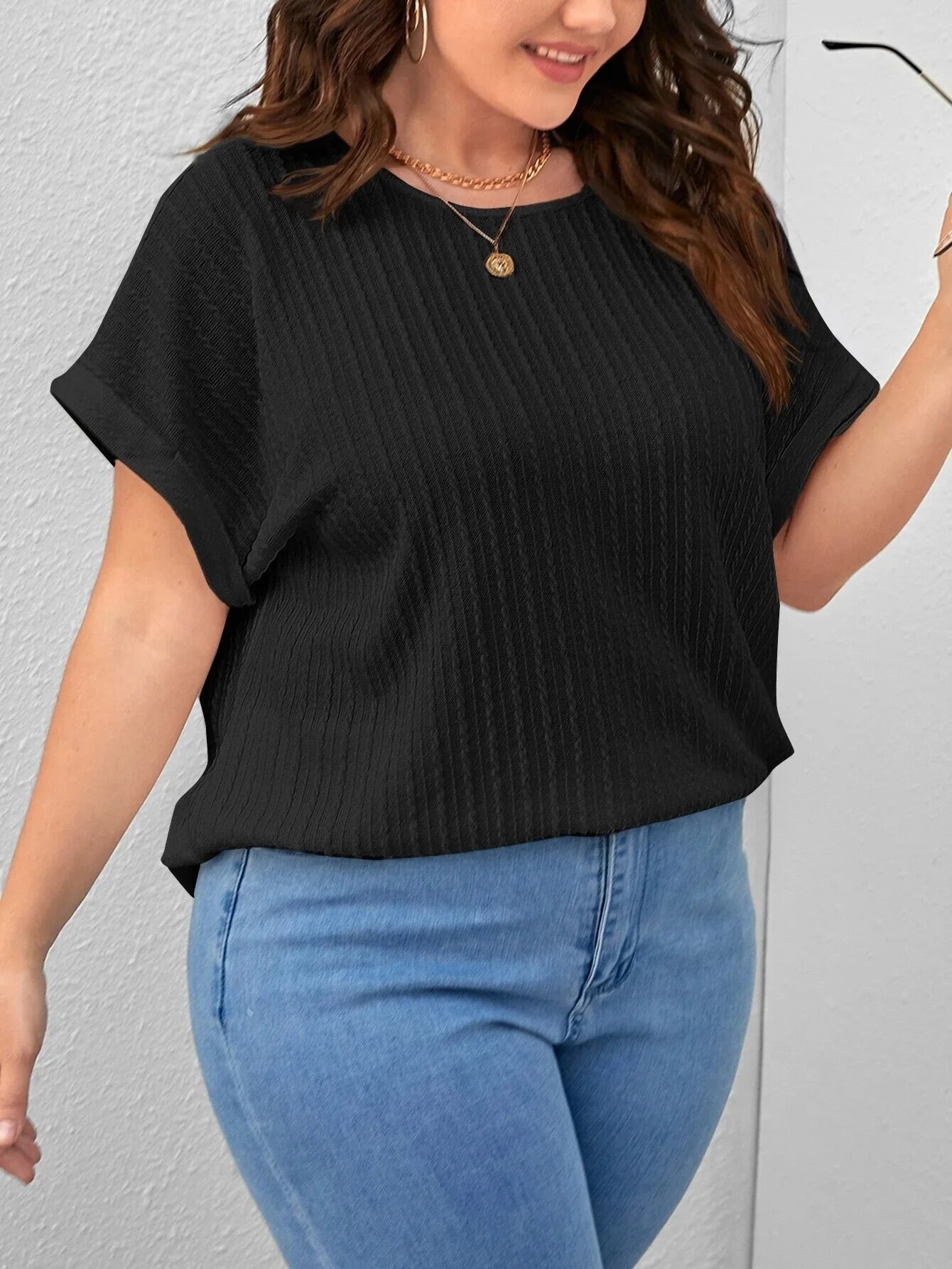 Summer Women's Clothing Casual Solid Vertical Pattern Bat Short Sleeve Top Plus Size Crew Neck Pit Strip Loose Pullover T-Shirt