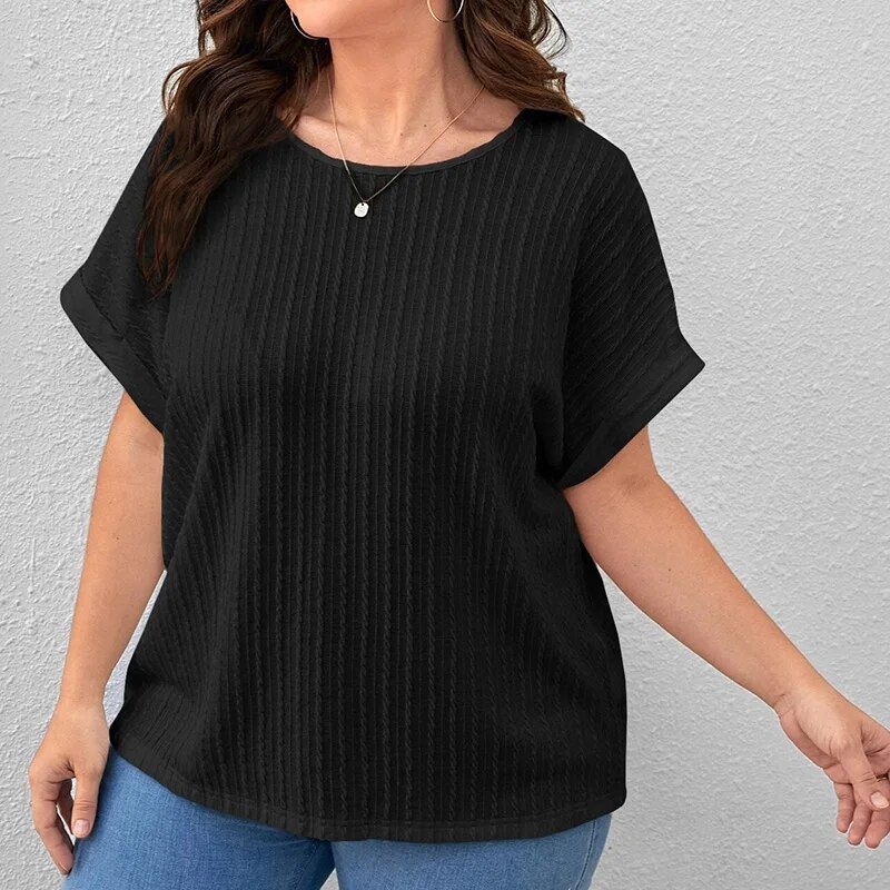 Summer Women's Clothing Casual Solid Vertical Pattern Bat Short Sleeve Top Plus Size Crew Neck Pit Strip Loose Pullover T-Shirt