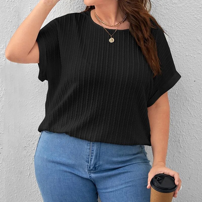 Summer Women's Clothing Casual Solid Vertical Pattern Bat Short Sleeve Top Plus Size Crew Neck Pit Strip Loose Pullover T-Shirt