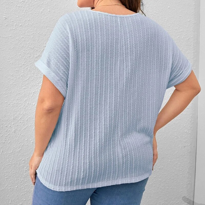 Summer Women's Clothing Casual Solid Vertical Pattern Bat Short Sleeve Top Plus Size Crew Neck Pit Strip Loose Pullover T-Shirt