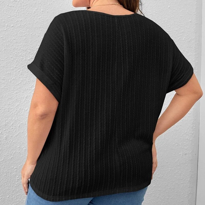 Summer Women's Clothing Casual Solid Vertical Pattern Bat Short Sleeve Top Plus Size Crew Neck Pit Strip Loose Pullover T-Shirt