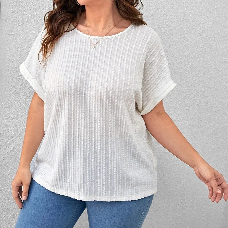 Summer Women's Clothing Casual Solid Vertical Pattern Bat Short Sleeve Top Plus Size Crew Neck Pit Strip Loose Pullover T-Shirt