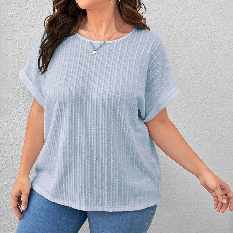 Summer Women's Clothing Casual Solid Vertical Pattern Bat Short Sleeve Top Plus Size Crew Neck Pit Strip Loose Pullover T-Shirt