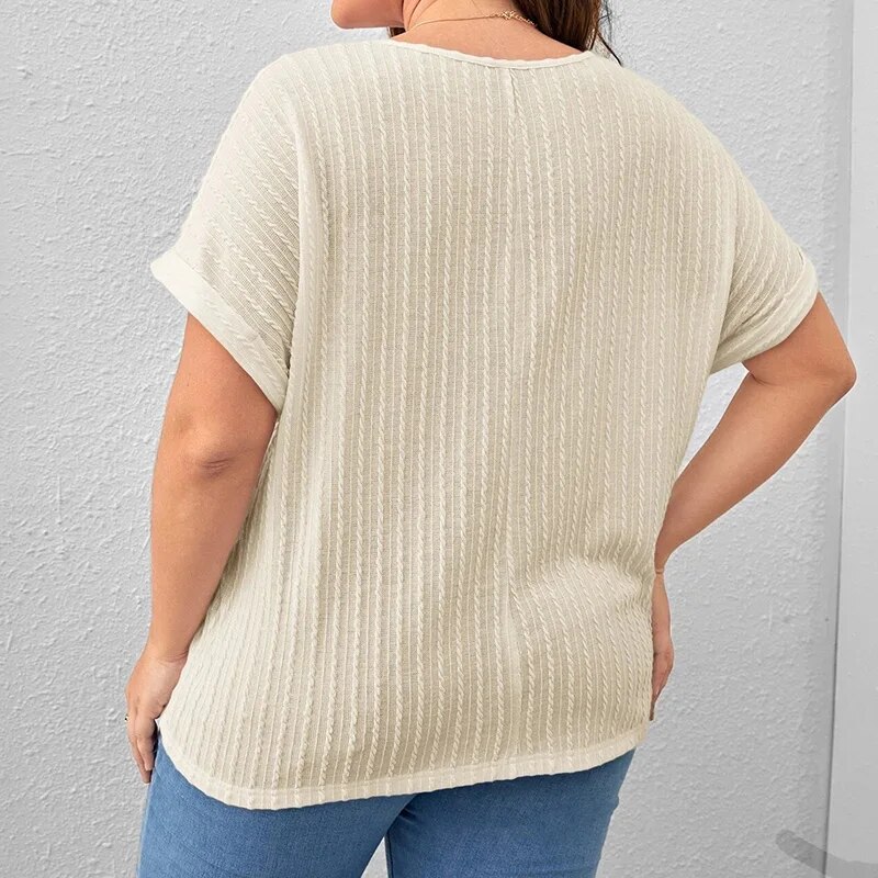 Summer Women's Clothing Casual Solid Vertical Pattern Bat Short Sleeve Top Plus Size Crew Neck Pit Strip Loose Pullover T-Shirt
