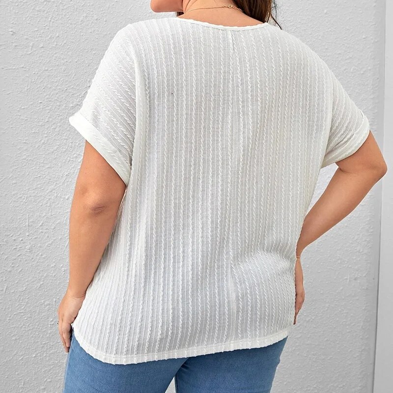 Summer Women's Clothing Casual Solid Vertical Pattern Bat Short Sleeve Top Plus Size Crew Neck Pit Strip Loose Pullover T-Shirt