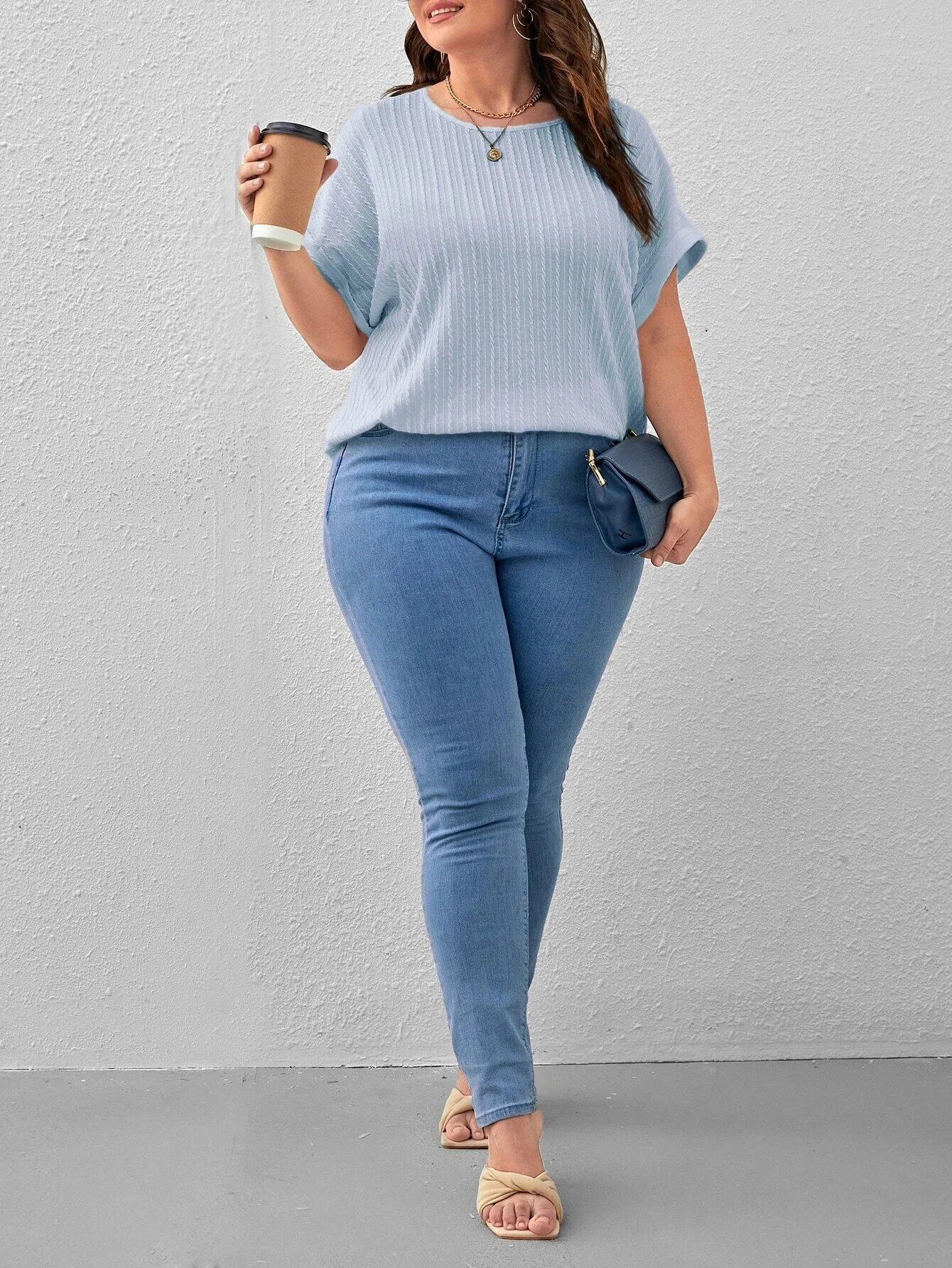 Summer Women's Clothing Casual Solid Vertical Pattern Bat Short Sleeve Top Plus Size Crew Neck Pit Strip Loose Pullover T-Shirt