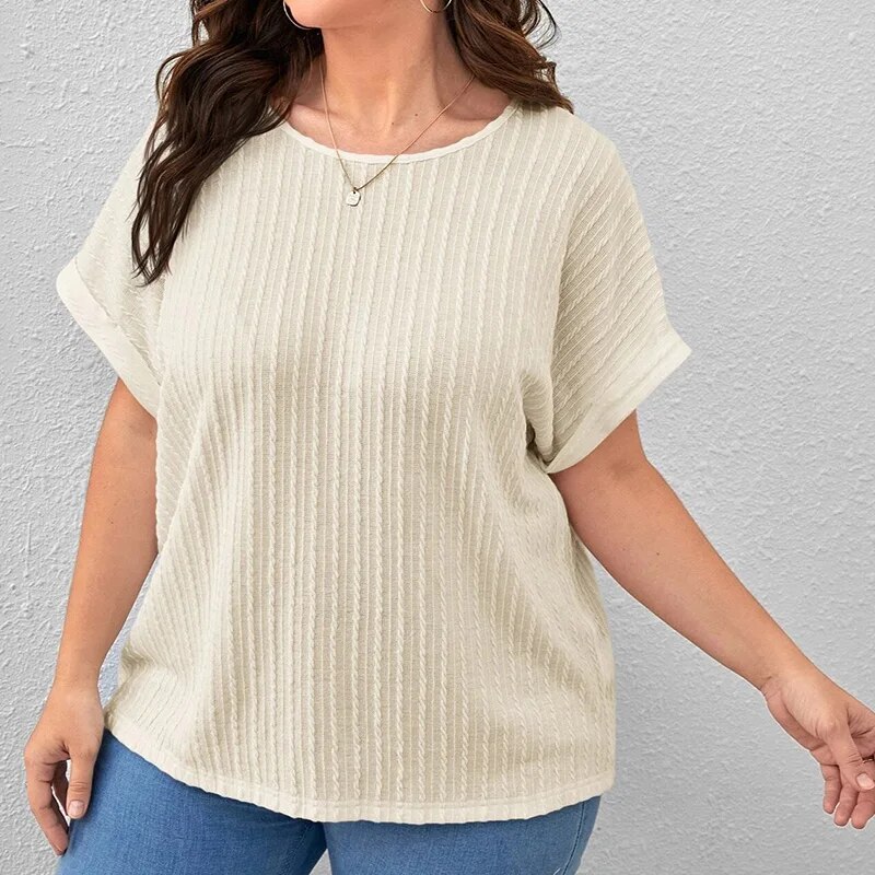 Summer Women's Clothing Casual Solid Vertical Pattern Bat Short Sleeve Top Plus Size Crew Neck Pit Strip Loose Pullover T-Shirt