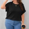 Summer Women's Clothing Casual Solid Vertical Pattern Bat Short Sleeve Top Plus Size Crew Neck Pit Strip Loose Pullover T-Shirt