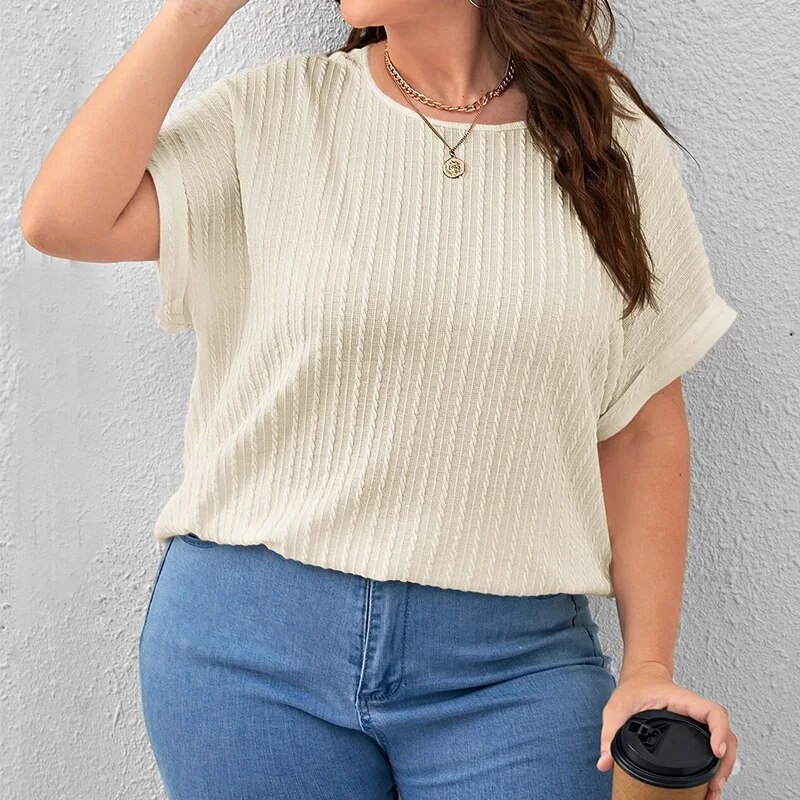 Summer Women's Clothing Casual Solid Vertical Pattern Bat Short Sleeve Top Plus Size Crew Neck Pit Strip Loose Pullover T-Shirt
