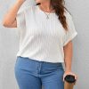 Summer Women's Clothing Casual Solid Vertical Pattern Bat Short Sleeve Top Plus Size Crew Neck Pit Strip Loose Pullover T-Shirt
