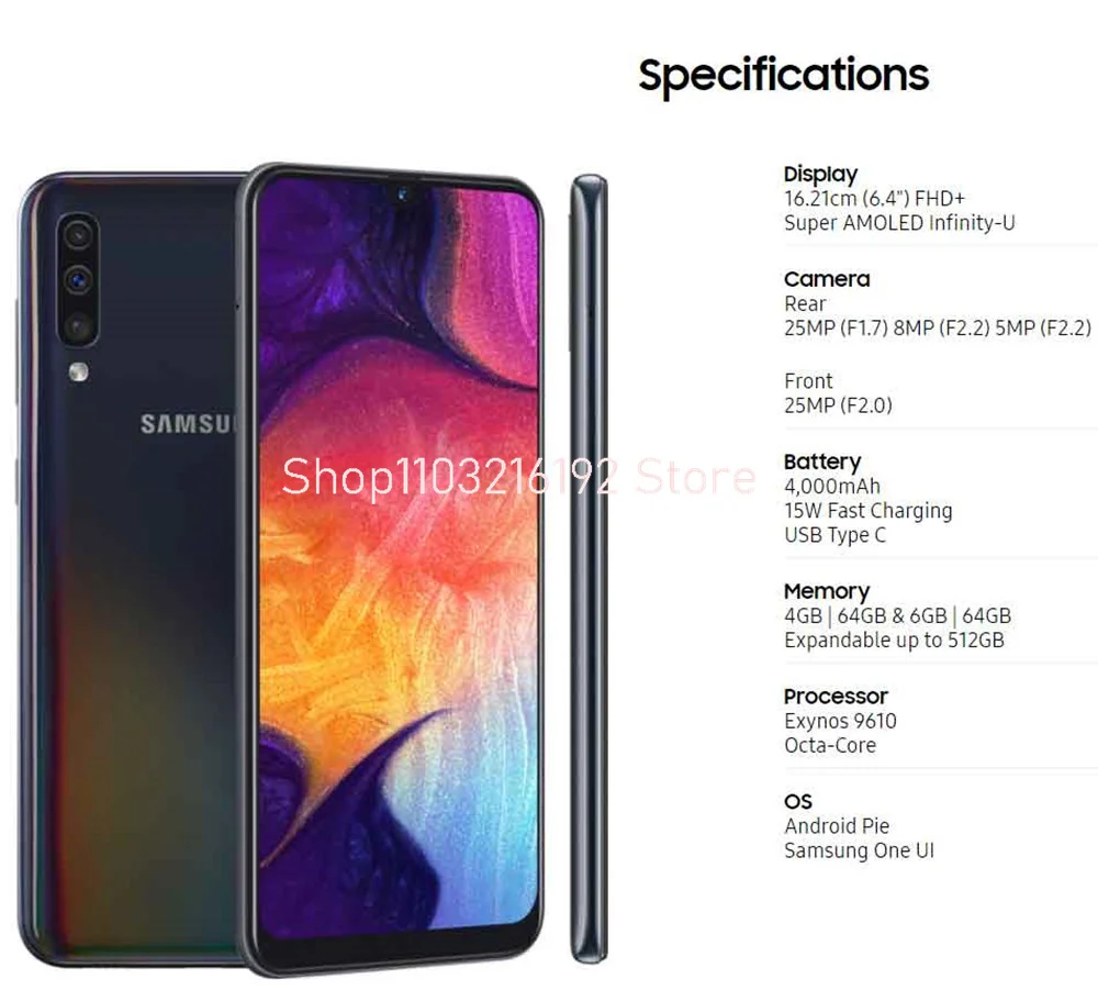 Unused Samsung Galaxy A50 SM-A505U 64GB+4GB RAM 25MP LTE Unlocked Smartphone