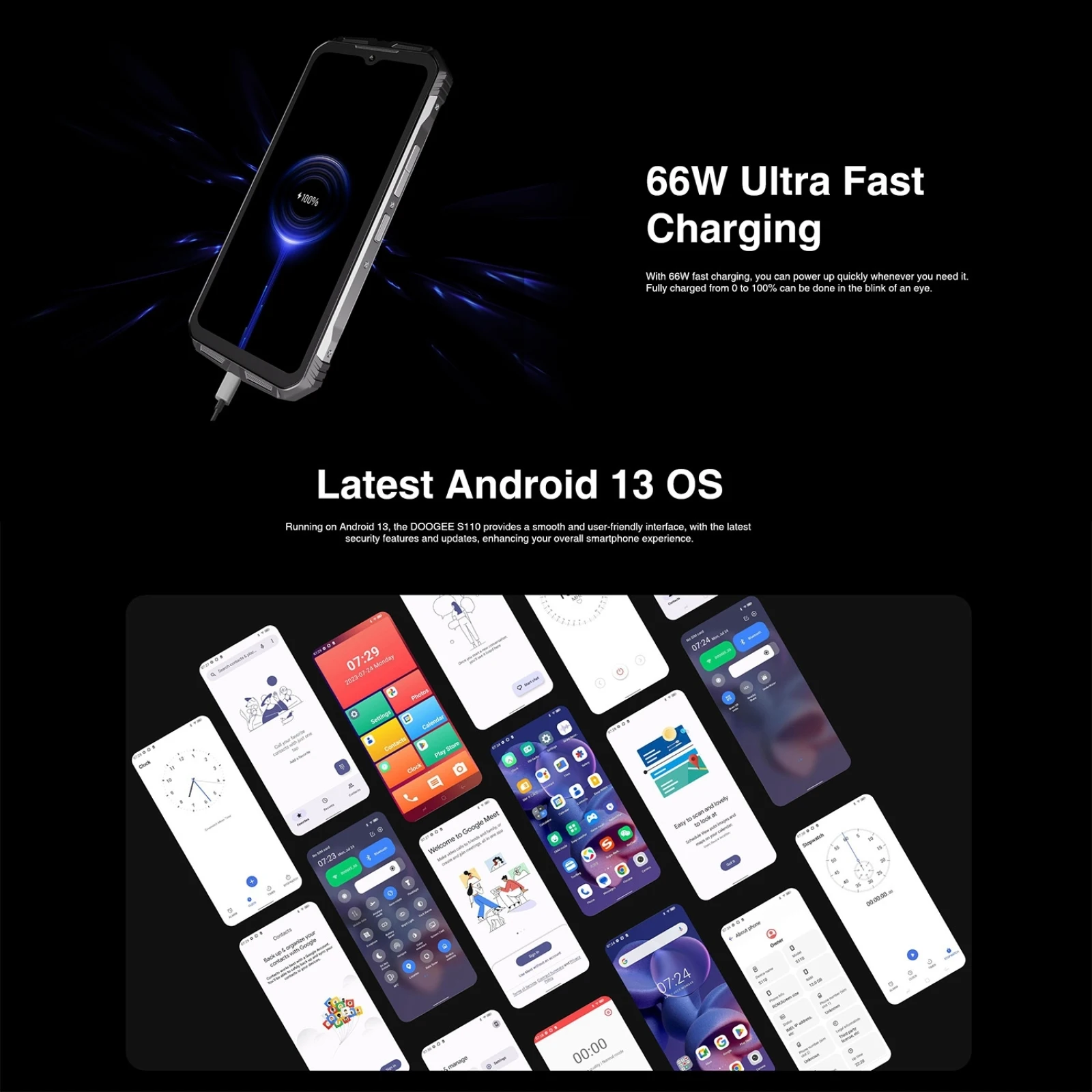 DOOGEE S110 12GB+256GB Rugged Phone 6.58” FHD Waterdrop Screen Android 13 Helio G99 66W Fast Charging 10800mAh 4G Smartphone