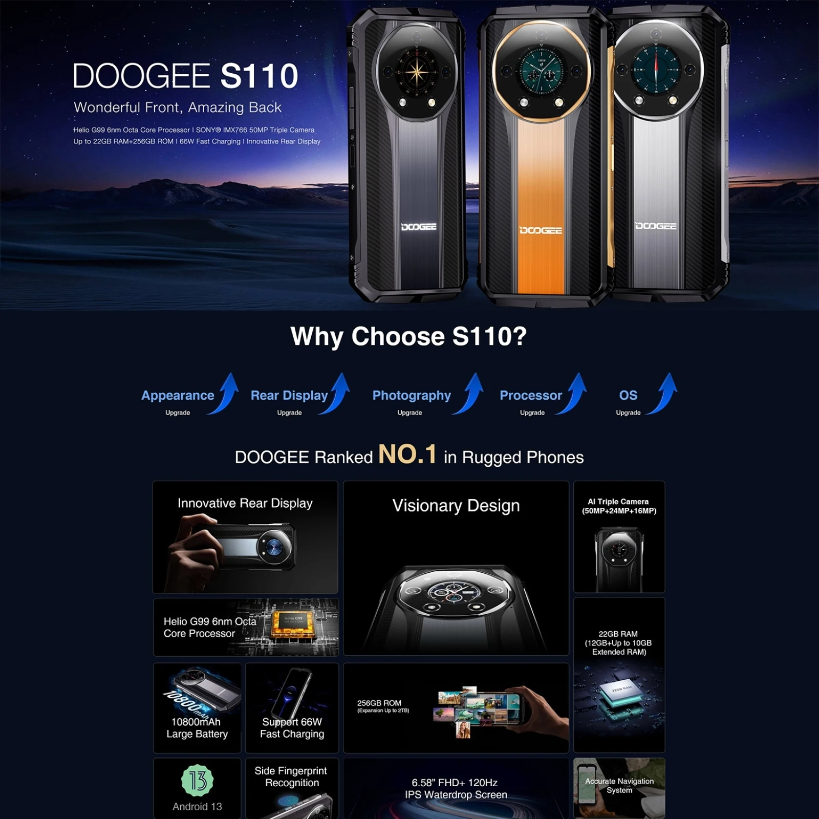 DOOGEE S110 12GB+256GB Rugged Phone 6.58” FHD Waterdrop Screen Android 13 Helio G99 66W Fast Charging 10800mAh 4G Smartphone