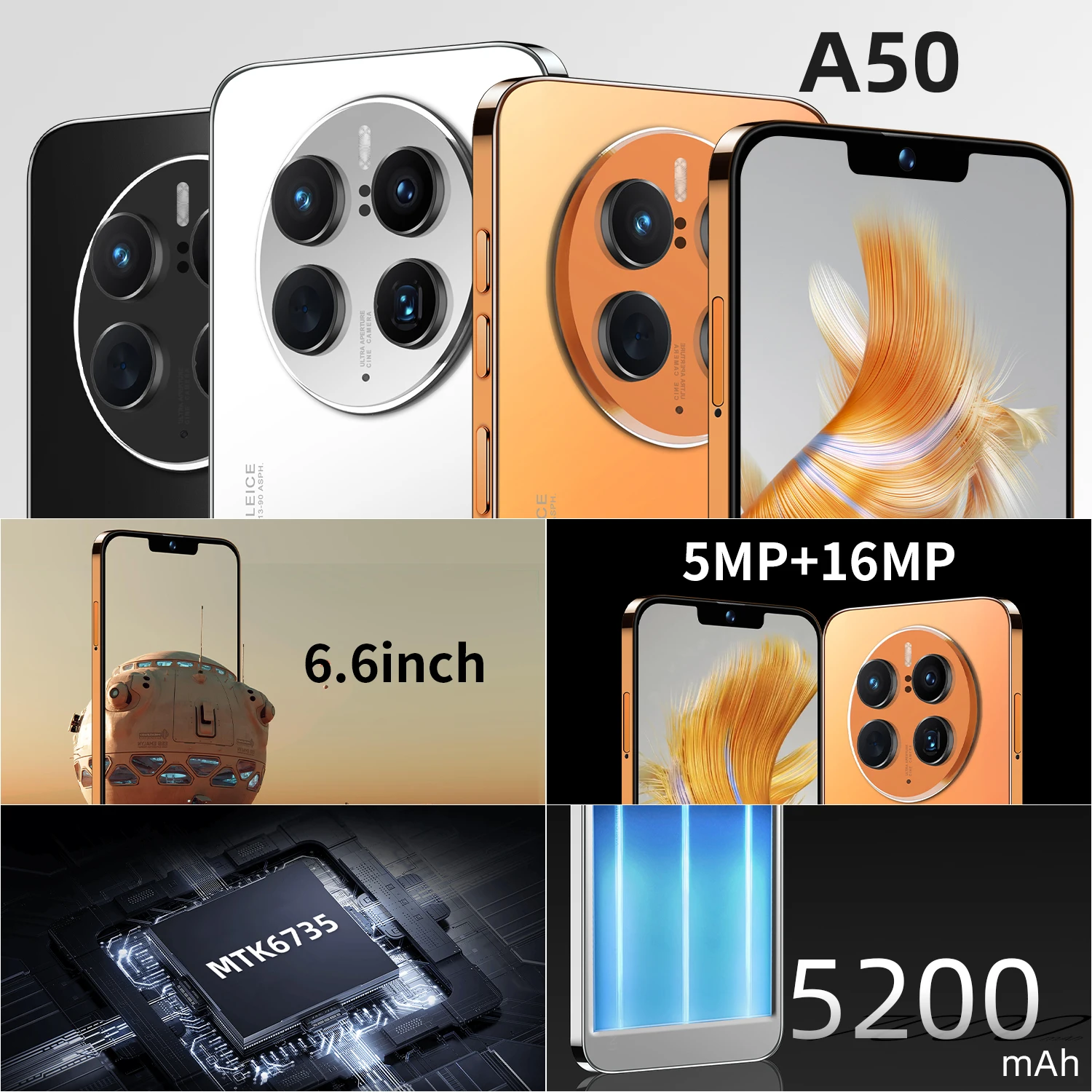 Amoi A50 Global Version Android 2GB RAM +16GB ROM 4G Mobile Phones Smartphone 5200mAh Big Battery 6.6-inch 5MP +16MP Camera