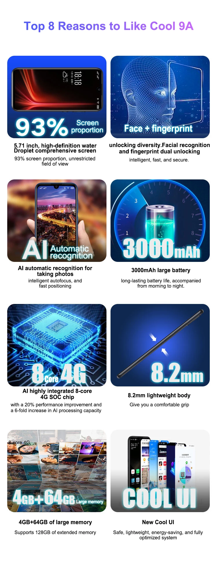 Coolpad Cool 9A Smartphone Android Global Version 5.71 inch 8 Core 4G Network 64GB ROM 4GB RAM 3000mAh Mobile phones Google