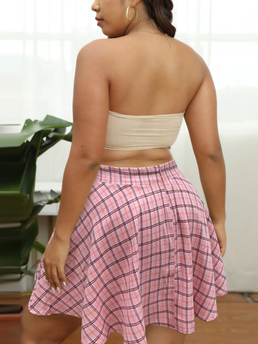 Plus Size Preppy Skirt, Women's Plus Grid Print Button Decor High Rise Mini A-line Skirt Fashion Hot Female Comfortable Stretchy