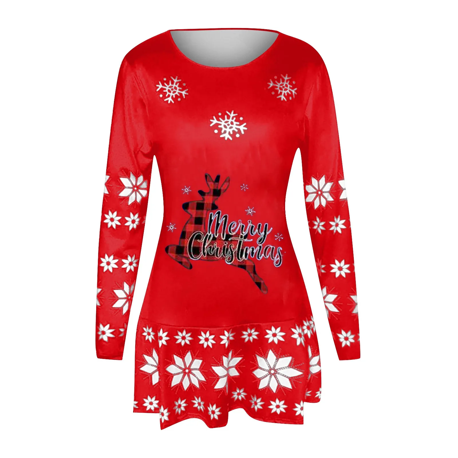 Plus Size Autumn and Winter Women's Fashion Round Neck Christmas Print Pleated Skirt Long Skirt