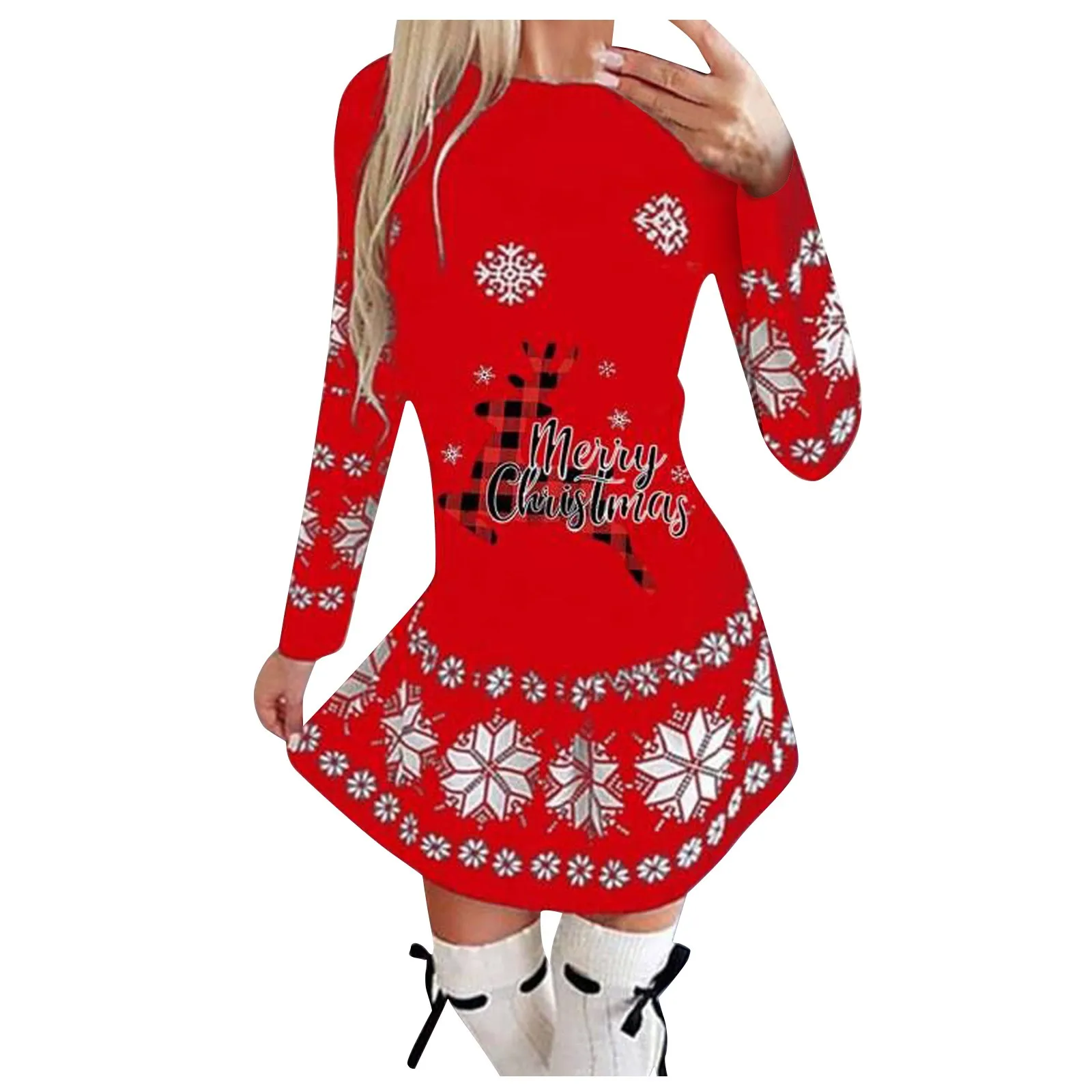 Plus Size Autumn and Winter Women's Fashion Round Neck Christmas Print Pleated Skirt Long Skirt