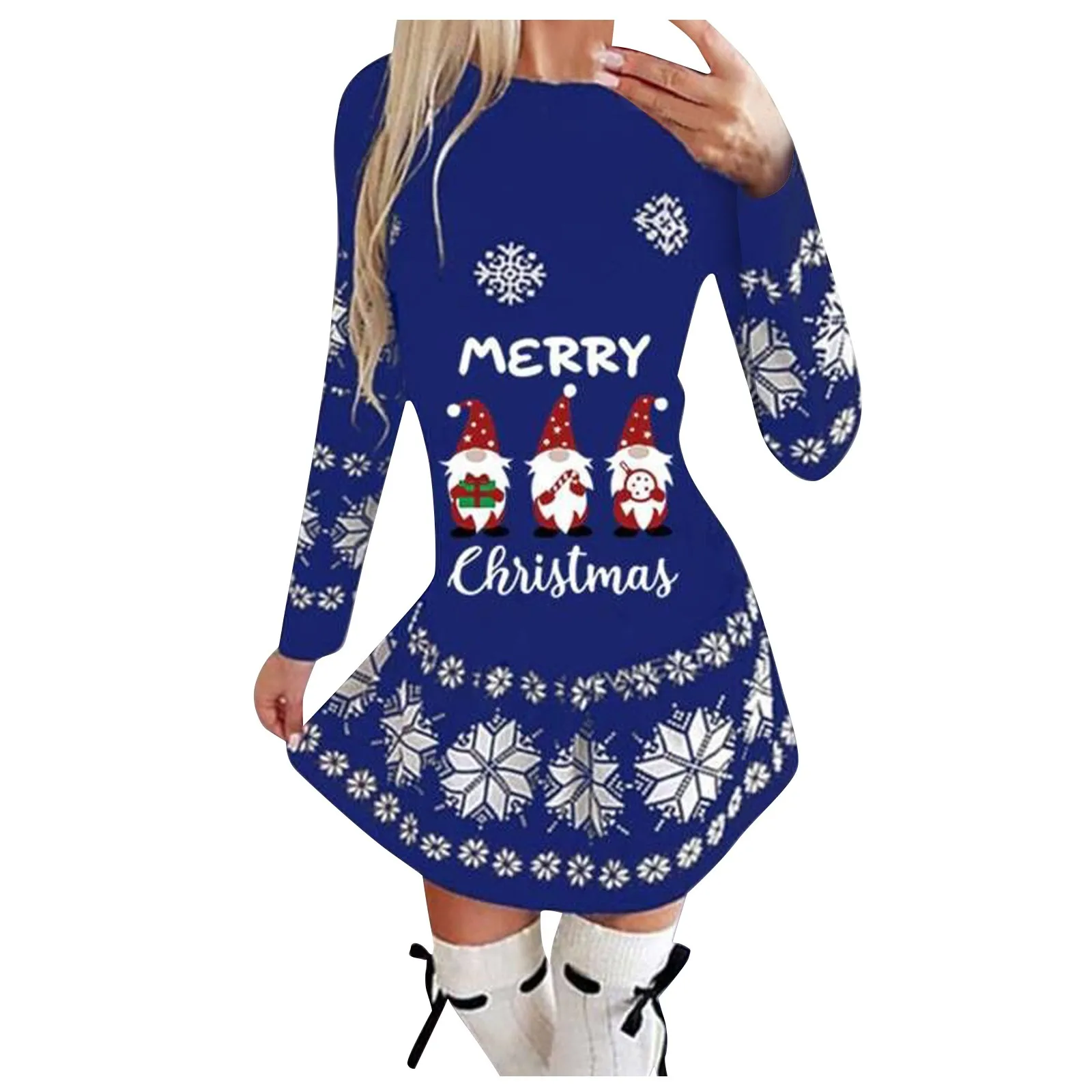 Plus Size Autumn and Winter Women's Fashion Round Neck Christmas Print Pleated Skirt Long Skirt