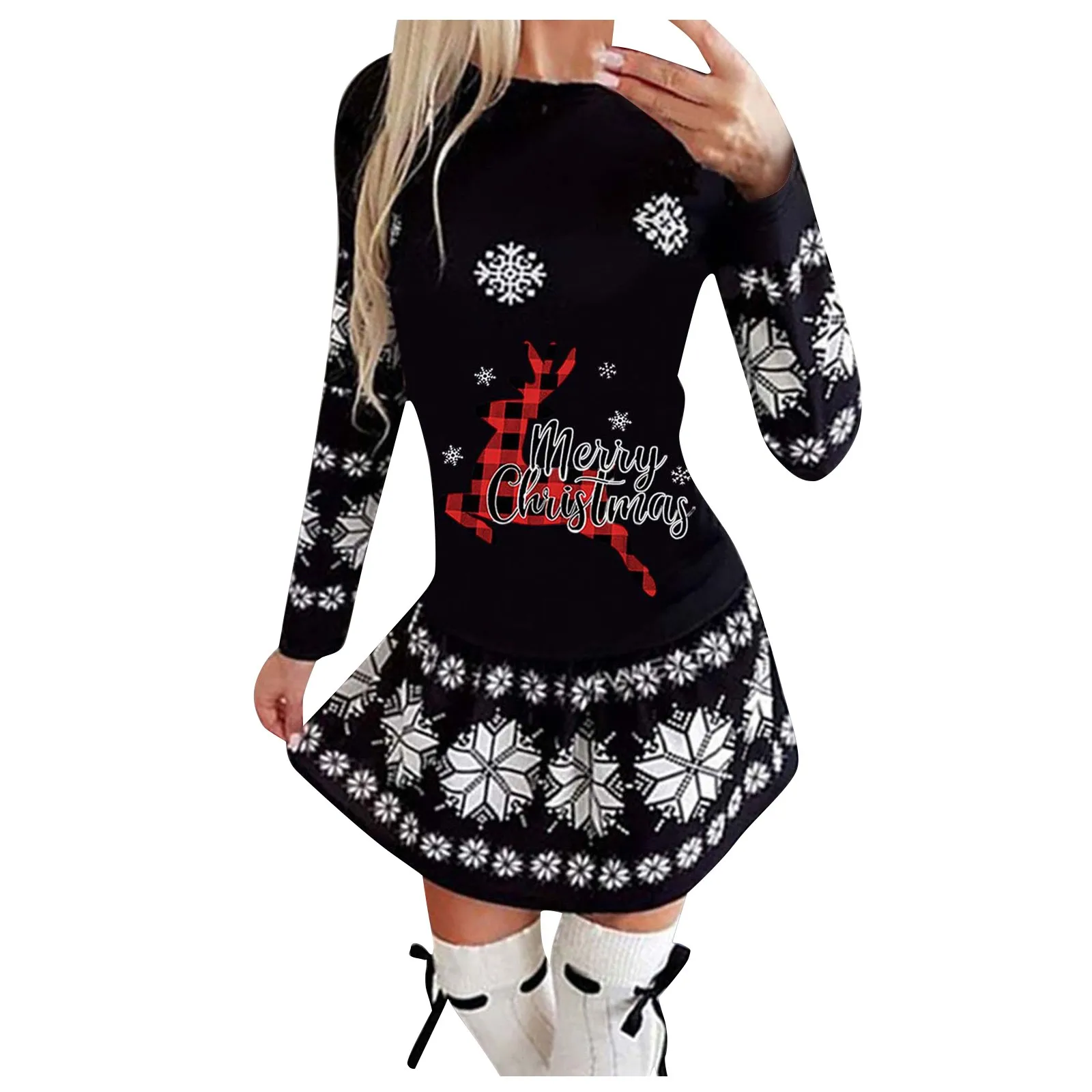 Plus Size Autumn and Winter Women's Fashion Round Neck Christmas Print Pleated Skirt Long Skirt