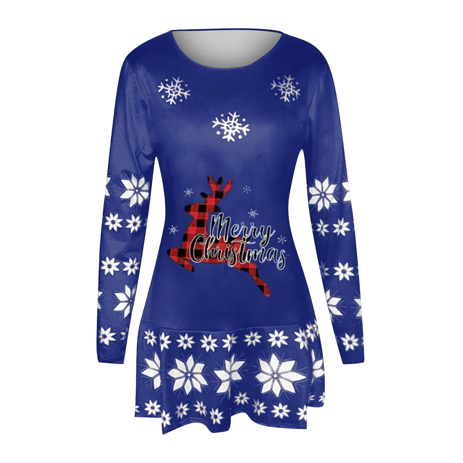 Plus Size Autumn and Winter Women's Fashion Round Neck Christmas Print Pleated Skirt Long Skirt