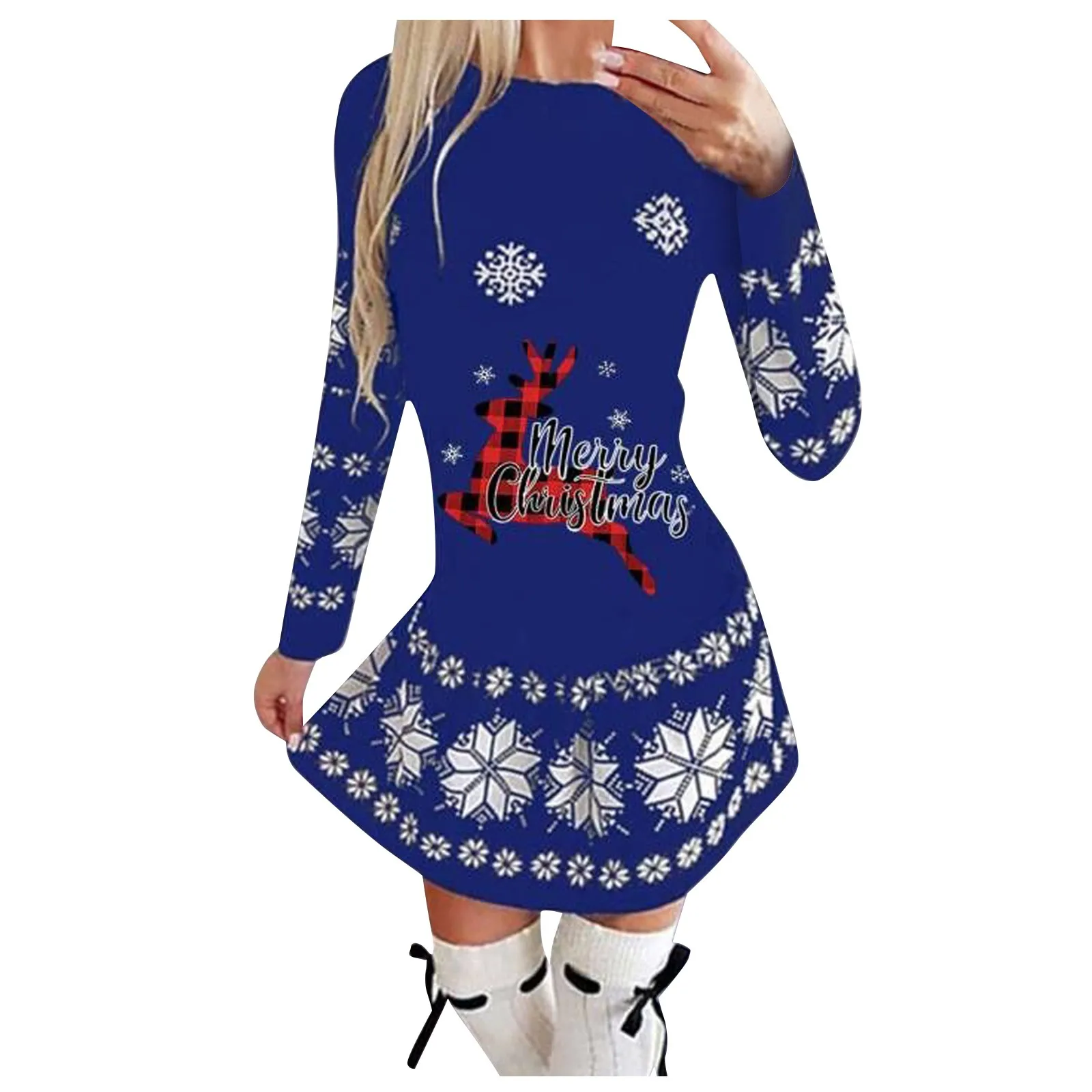 Plus Size Autumn and Winter Women's Fashion Round Neck Christmas Print Pleated Skirt Long Skirt