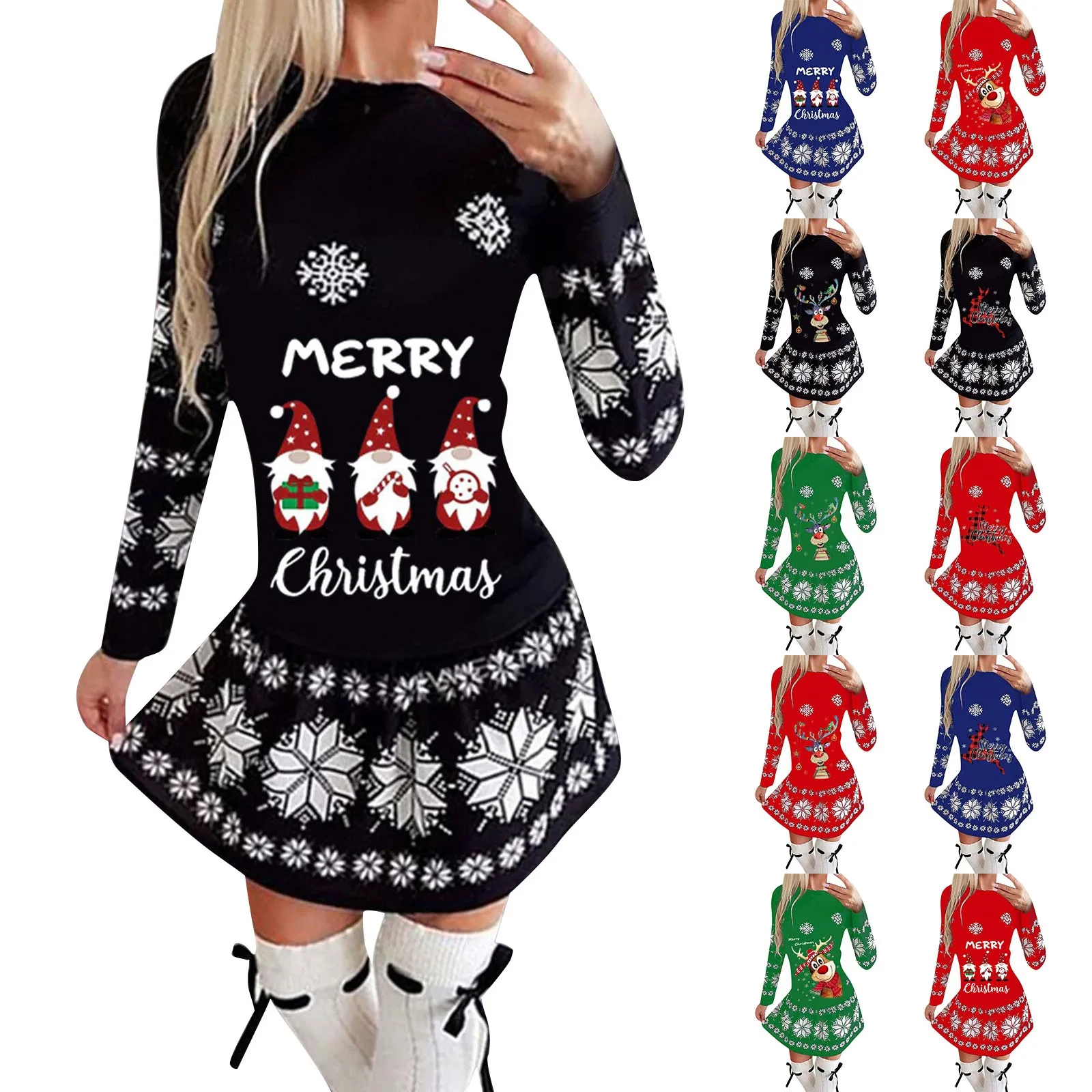 Plus Size Autumn and Winter Women's Fashion Round Neck Christmas Print Pleated Skirt Long Skirt