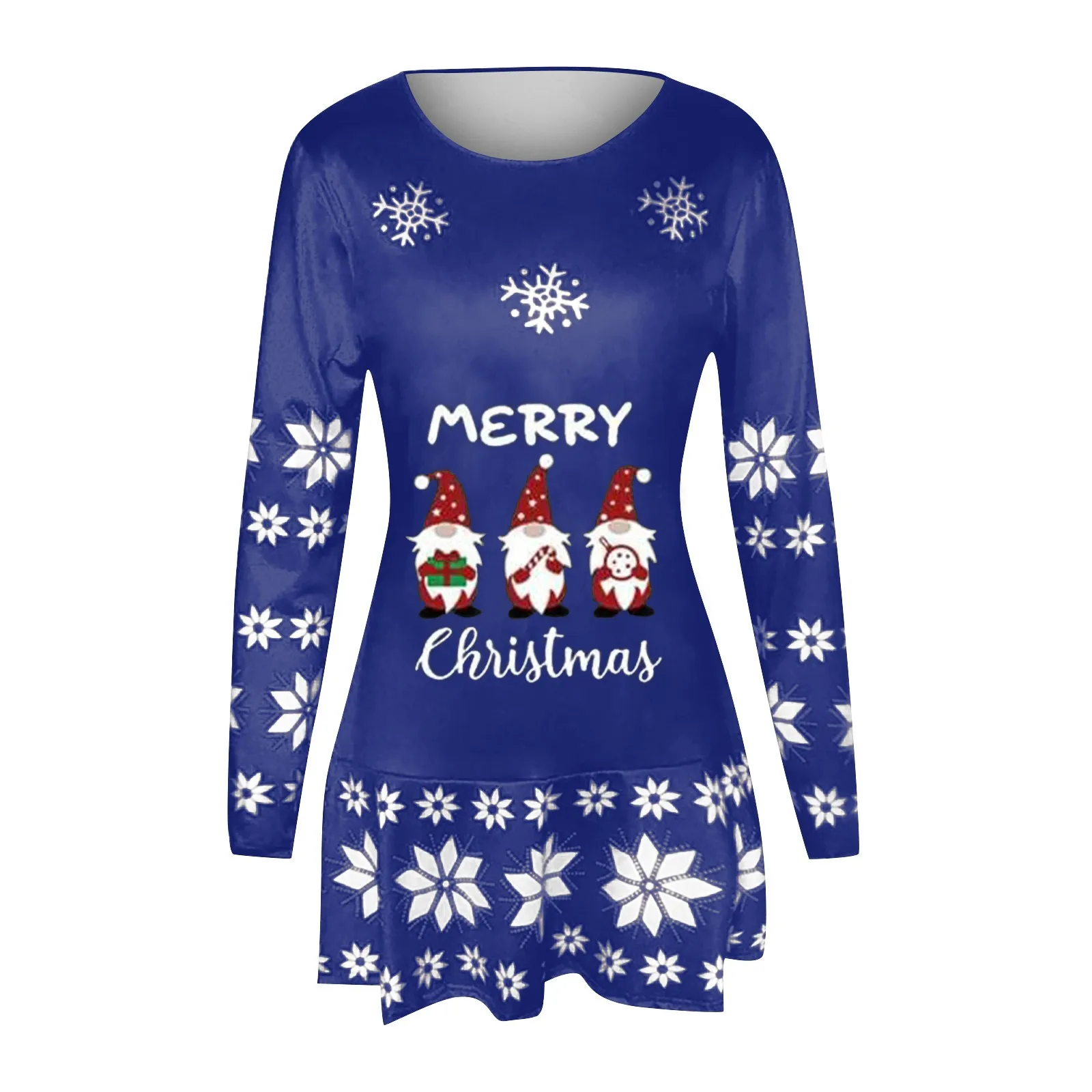 Plus Size Autumn and Winter Women's Fashion Round Neck Christmas Print Pleated Skirt Long Skirt