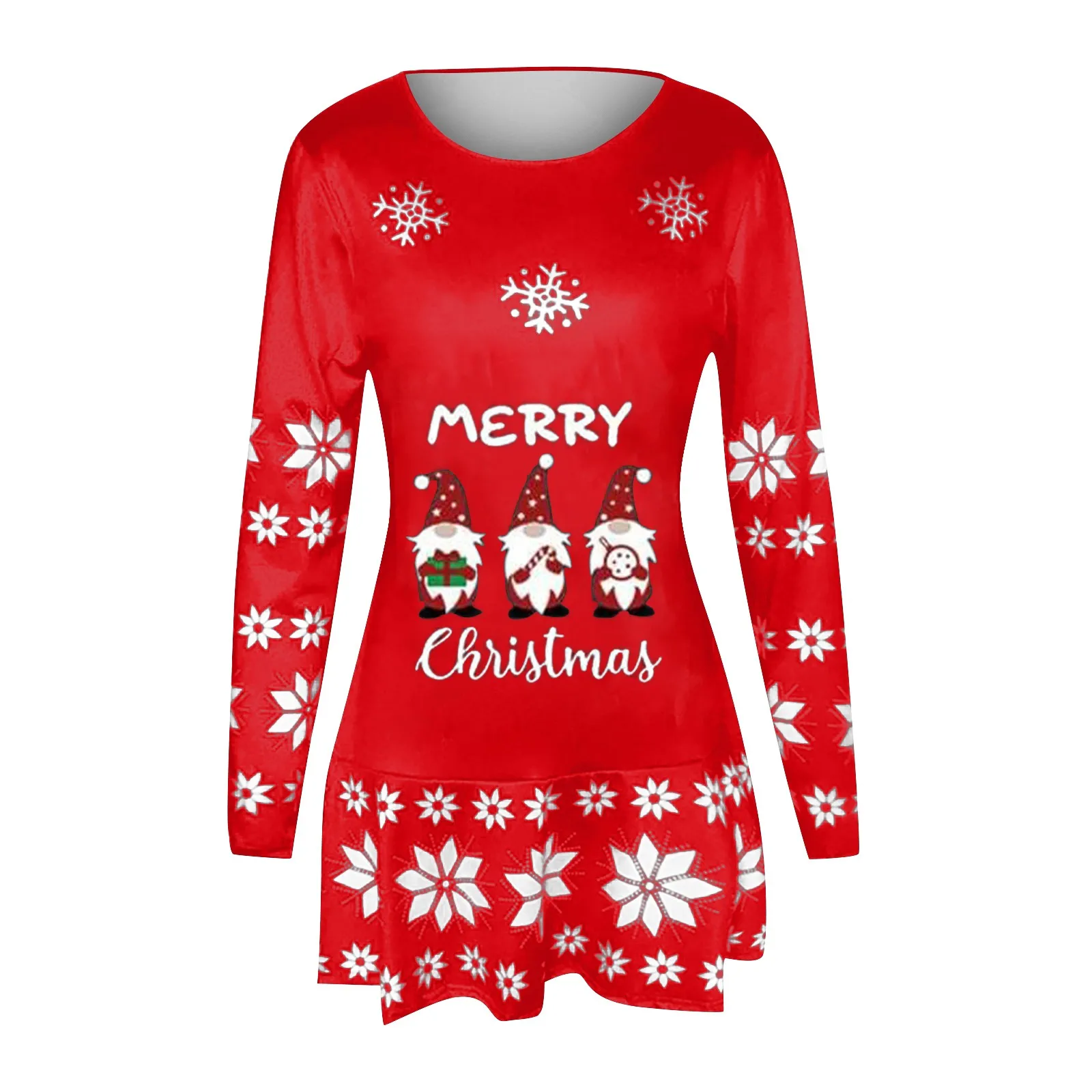 Plus Size Autumn and Winter Women's Fashion Round Neck Christmas Print Pleated Skirt Long Skirt