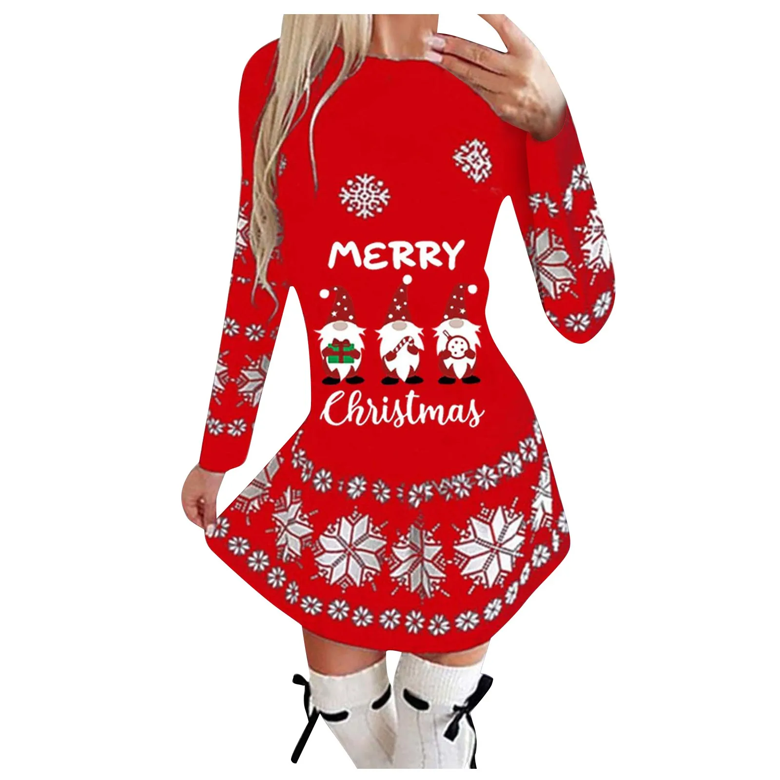 Plus Size Autumn and Winter Women's Fashion Round Neck Christmas Print Pleated Skirt Long Skirt