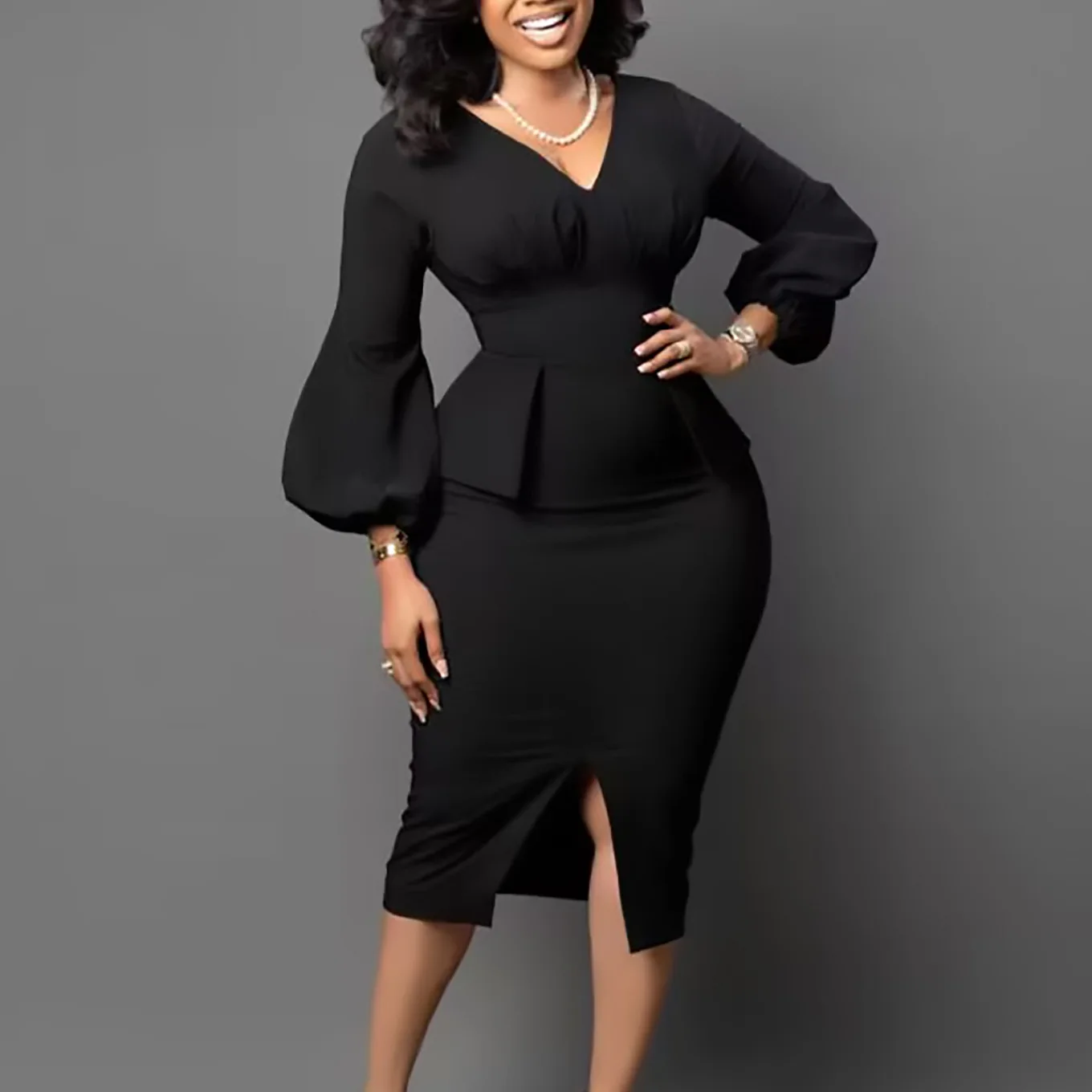 Women's Dress New Style Fashion V-Neck Puffy Sleeves Elegant Workplace Temperament European American Slit Plus Size Pencil Skirt