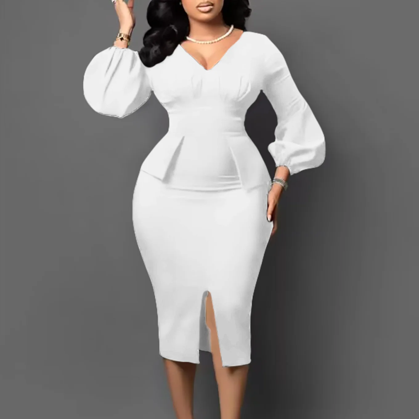 Women's Dress New Style Fashion V-Neck Puffy Sleeves Elegant Workplace Temperament European American Slit Plus Size Pencil Skirt