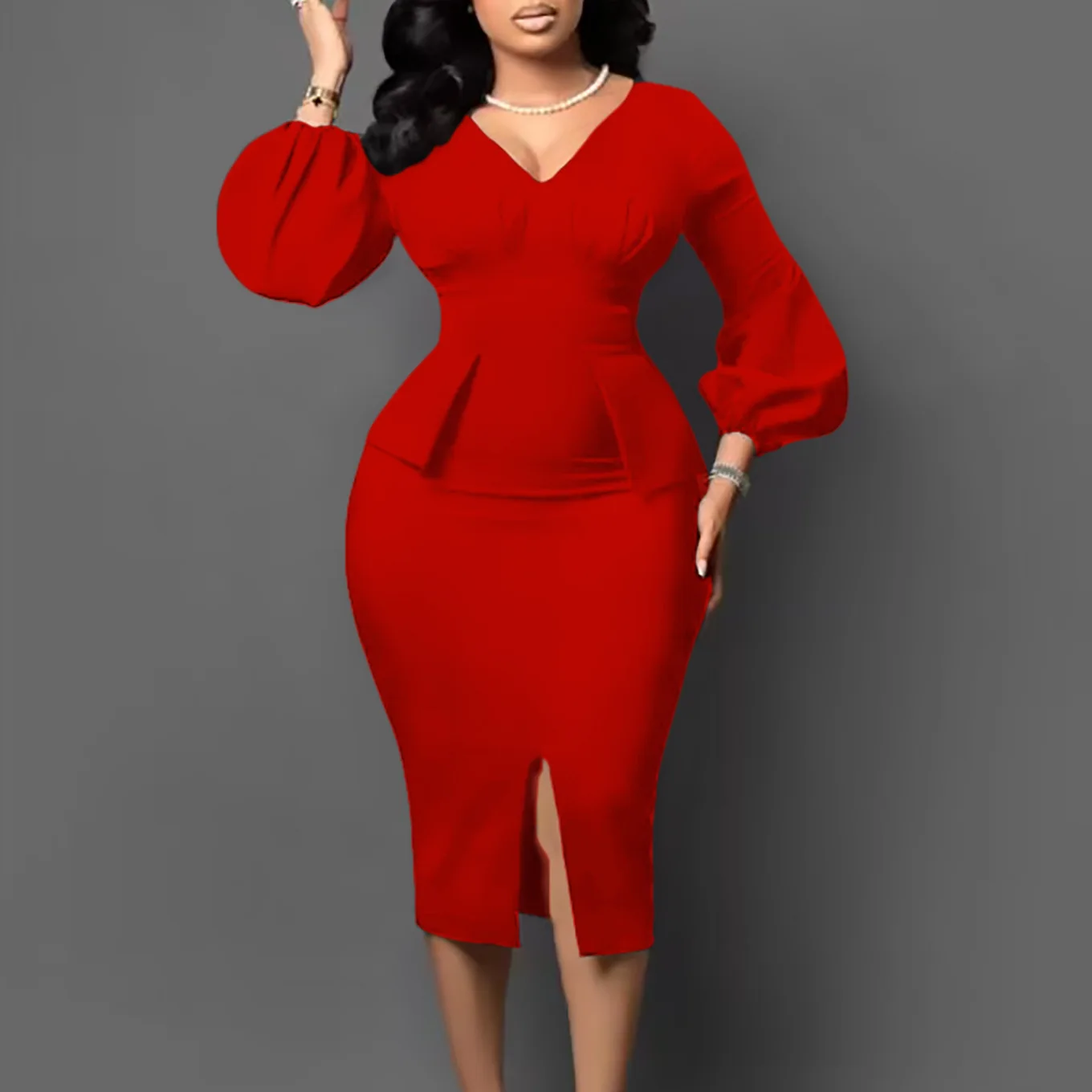 Women's Dress New Style Fashion V-Neck Puffy Sleeves Elegant Workplace Temperament European American Slit Plus Size Pencil Skirt