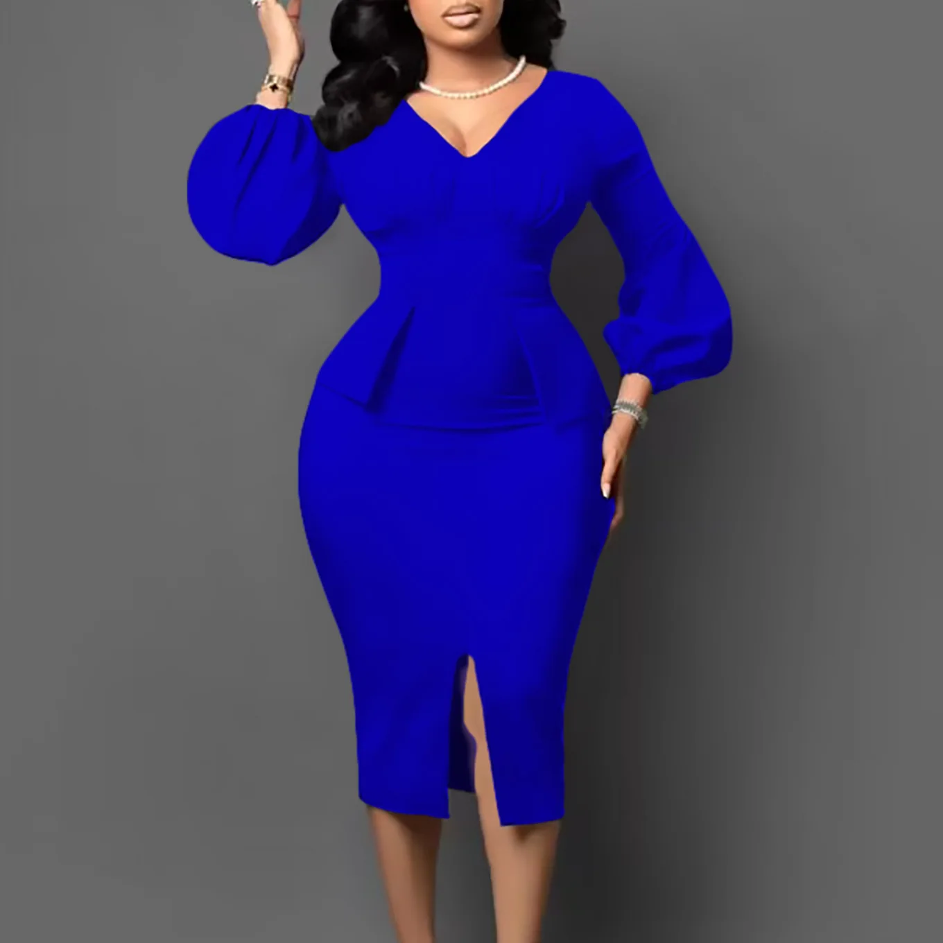 Women's Dress New Style Fashion V-Neck Puffy Sleeves Elegant Workplace Temperament European American Slit Plus Size Pencil Skirt